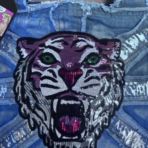 Denim Tote Shoulder Bag reworked with Sequin Pink Tiger Patch 12x19” - Picture 2 of 7